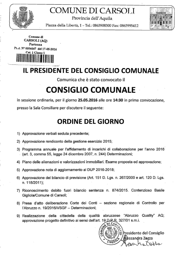 Convocazione Consiglio Comunale Carsoli