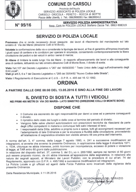 Ordinanza Polizia Locale Carsoli
