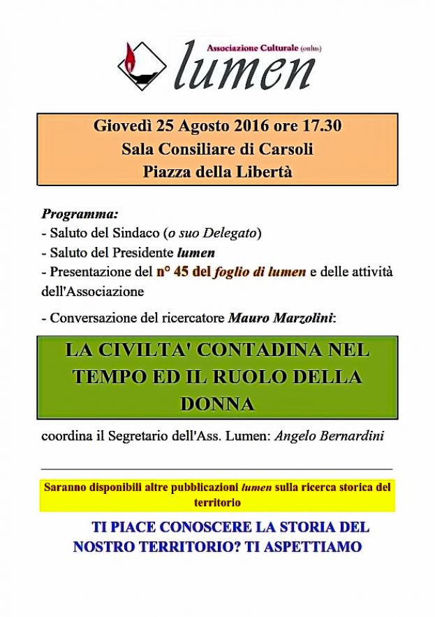 CARSOLI, ASS. CULTURALE LUMEN: INTERESSANTE CONFERENZA CULTURALE PRESSO LA SALA CONSILIARE DEL COMUNE GIOVEDI' 25 ALLE ORE 17:30