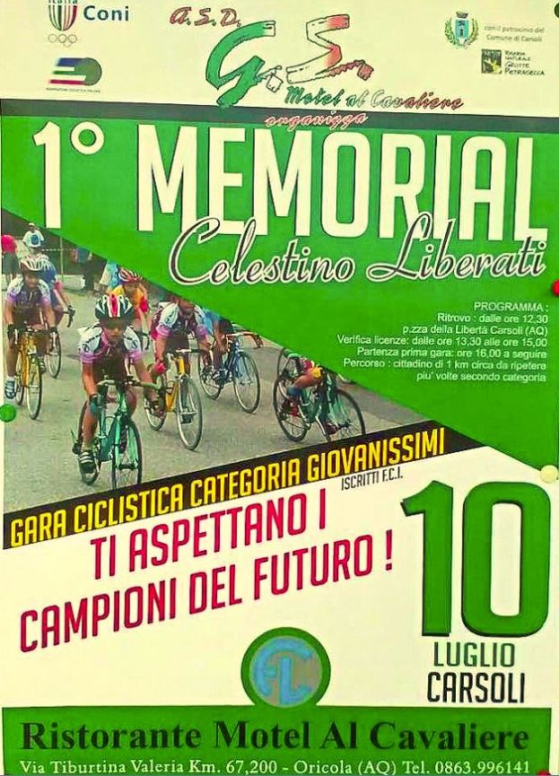 CARSOLI, AL VIA DOMENICA 10 LUGLIO IL 1° MEMORIAL CICLISTICO IN RICORDO ED IN ONORE DEL"GRANDE CELESTINO LIBERATI"