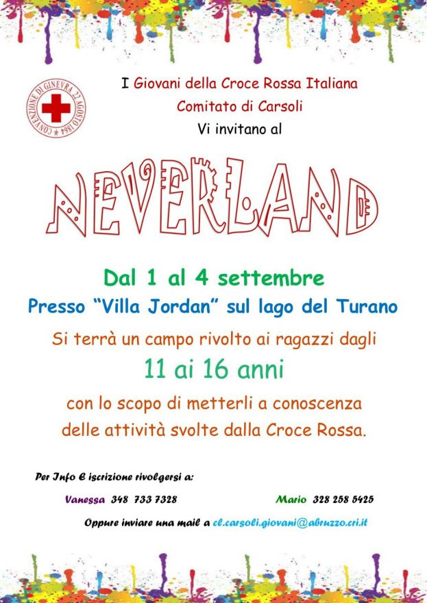 "NEVERLAND" CON I GIOVANI DELLA CROCE ROSSA DI CARSOLI SUL LAGO DEL TURANO DAL 1 AL 4 SETTEMBRE