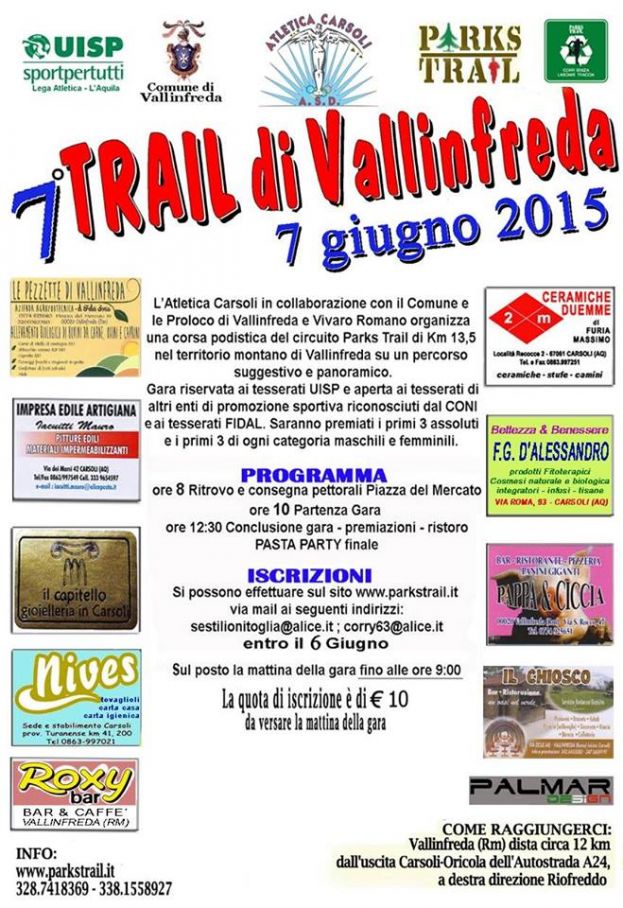 7° TRAIL DI VALLINFREDA IN PROGRAMMA DOMENICA 7 GIUGNO CON INIZIO ALLE ORE 08:00