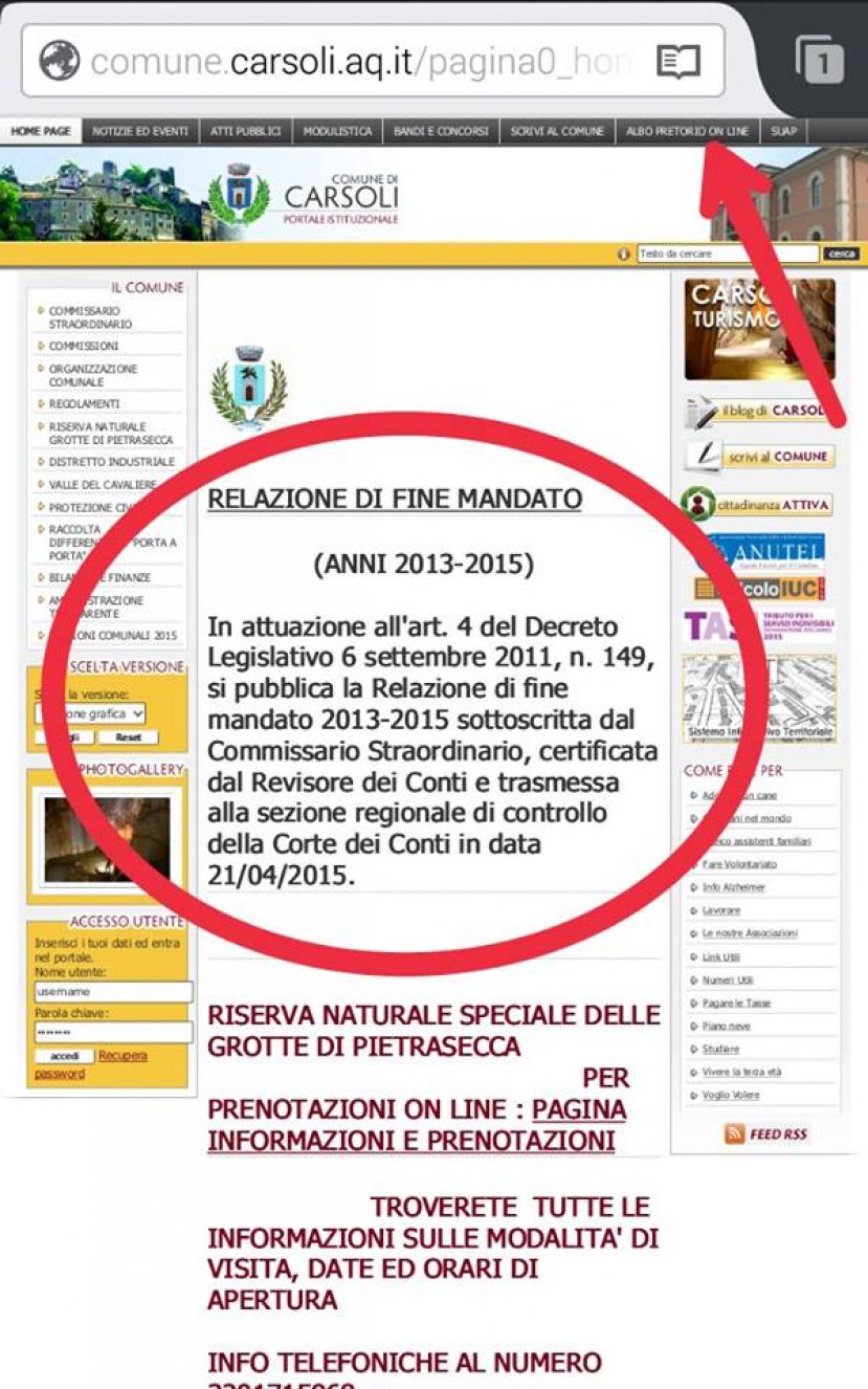 CARSOLI,GROTTE DI PIETRASECCA E RELAZIONE DI FINE MANDATO
