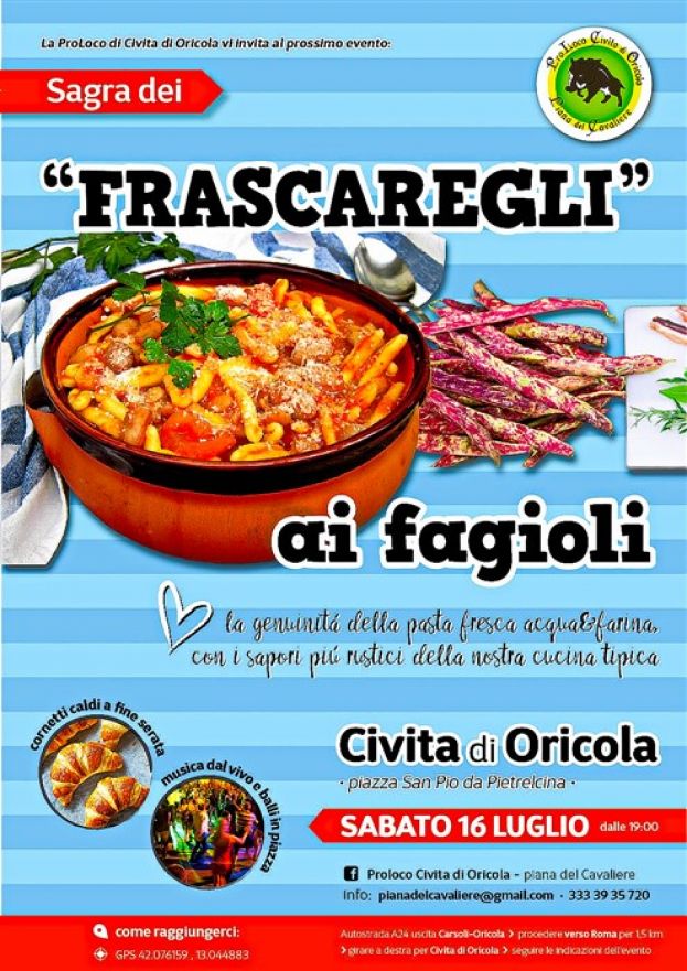 CIVITA DI ORICOLA, SAGRA DEI FRASCAREGLI SABATO 16 LUGLIO A PARTIRE DALLE ORE 19:00