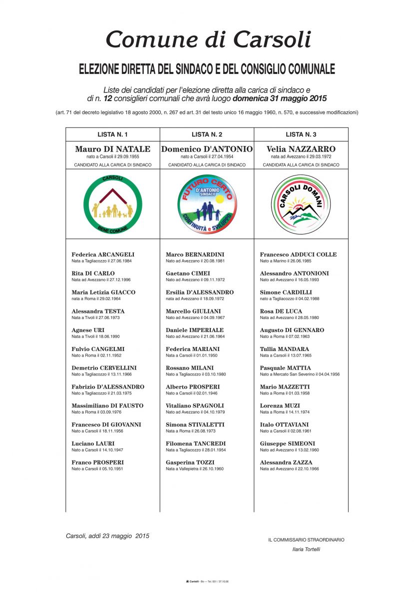 CONSULTAZIONI ELETTORALI DI DOMENICA 31 MAGGIO 2015:ECCOVI IL MANIFESTO UFFICIALE DELLE TRE LISTE