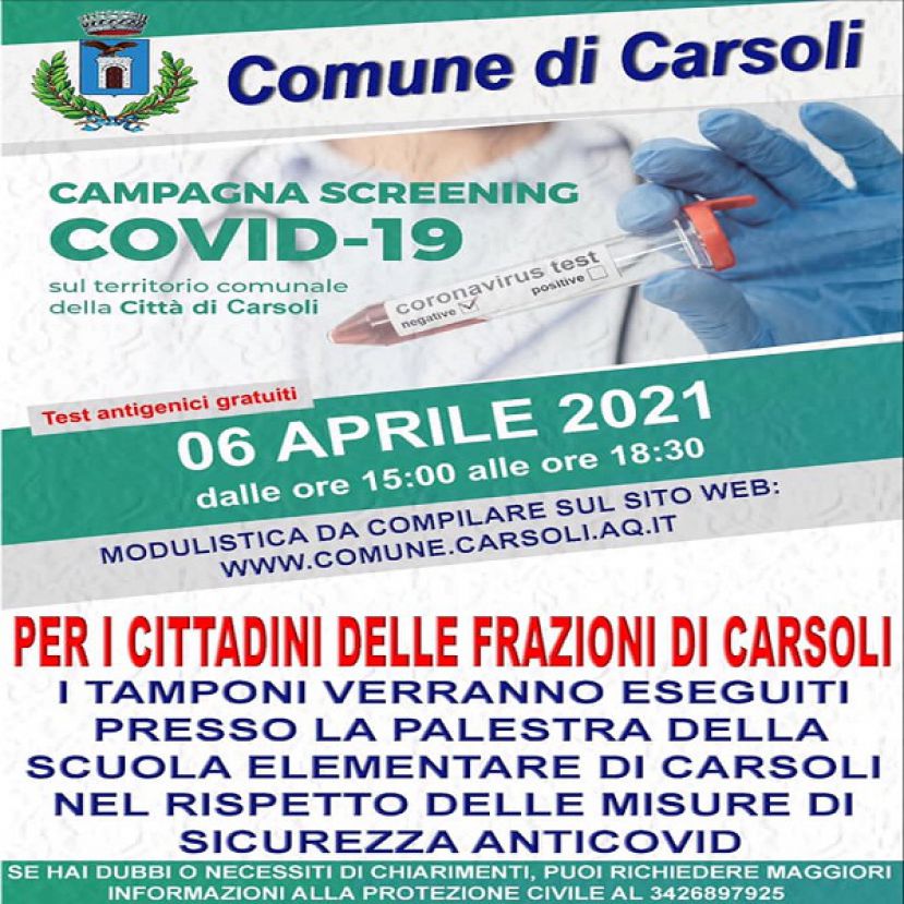 CARSOLI - CAMPAGNA SCREENING COVID MARTEDI 6 APRILE