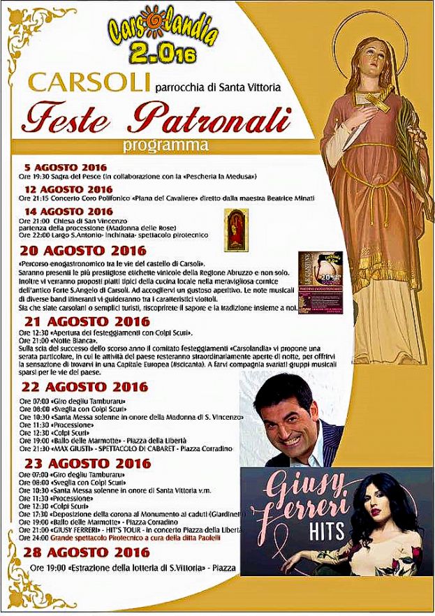 CARSOLI, FESTE PATRONALI: IL PROGRAMMA