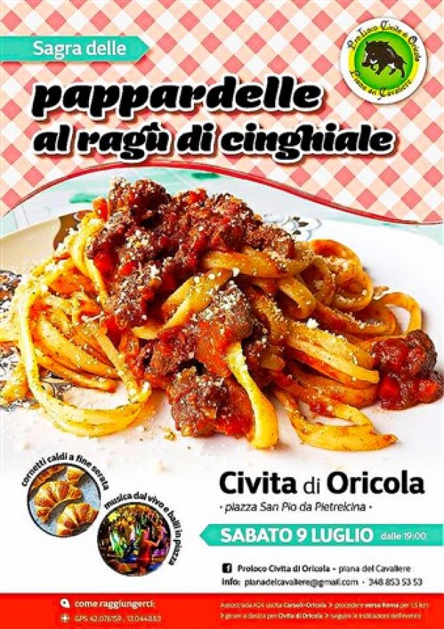 CIVITA DI ORICOLA, SAGRA DELLE PAPPARDELLE AL RAGU' DI CINGHIALE SABATO 9 LUGLIO A PARTIRE DALLE ORE 19:00
